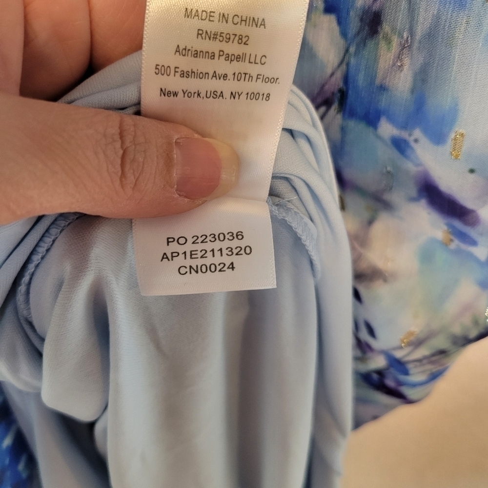 NWT Adrianna Papell Abstract Floral Metallic Chiffon Blue High-Low Dress Size 10 - Picture 16 of 16